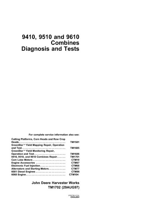 John Deere TM1702 Technical Manual - 9410 9510 9610 Combines Diagnosis Tests